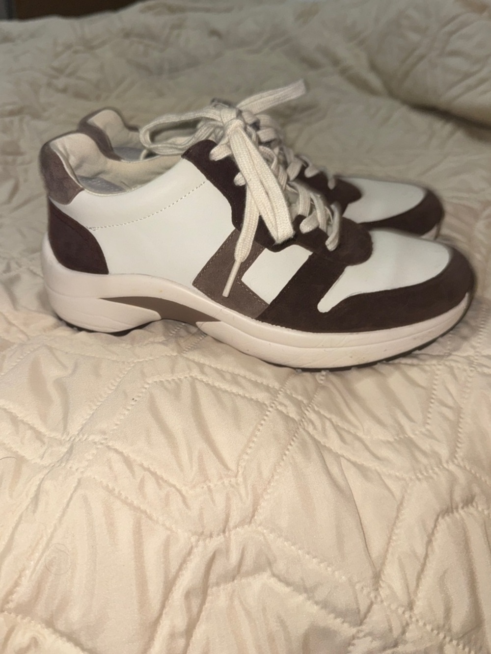Lauren Ralph Lauren White and Brown Suede-Trim Chunky Sneakers